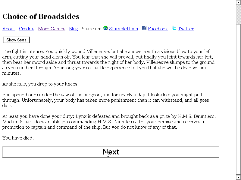 Choice of Broadsides (Browser) screenshot: A less-successful epilogue