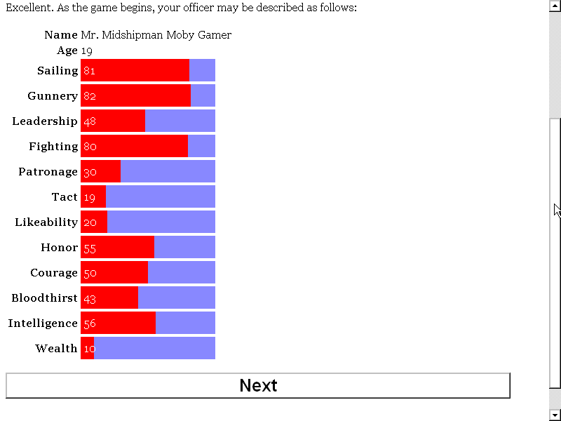 Choice of Broadsides (Browser) screenshot: Character generation writ large