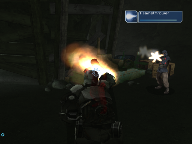 Iron Man (PlayStation 2) screenshot: Using the flamethrower.