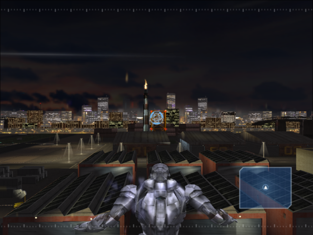Iron Man (PlayStation 2) screenshot: Iron Man flying around.