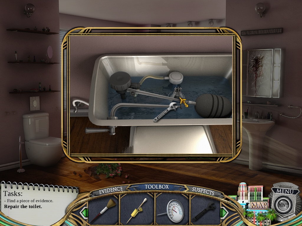 Real Detectives: Murder in Miami (Windows) screenshot: Repairing the toilet.