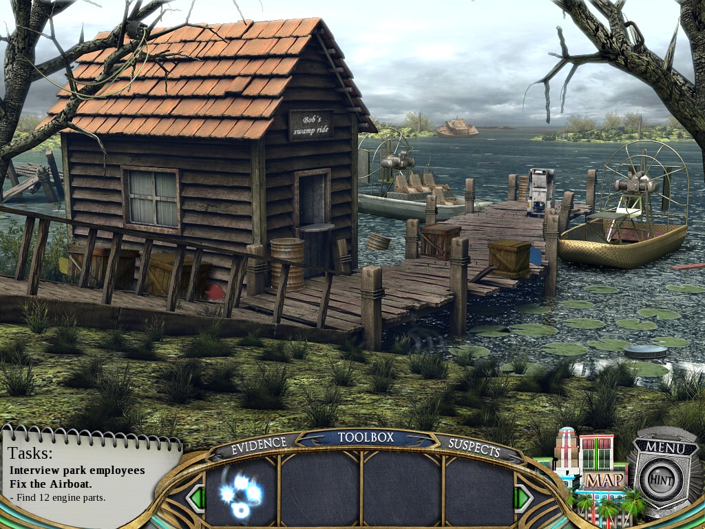 Real Detectives: Murder in Miami (Windows) screenshot: Airboat dock