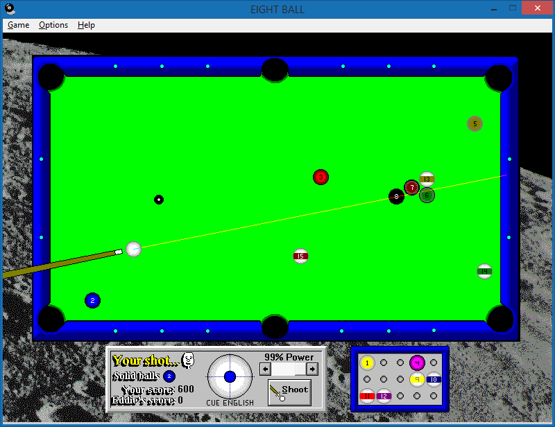 Multimedia Pool (Windows 3.x) screenshot: Playing pool with Moon gravity.