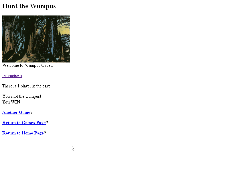 Web Wumpus (Browser) screenshot: The player wins!