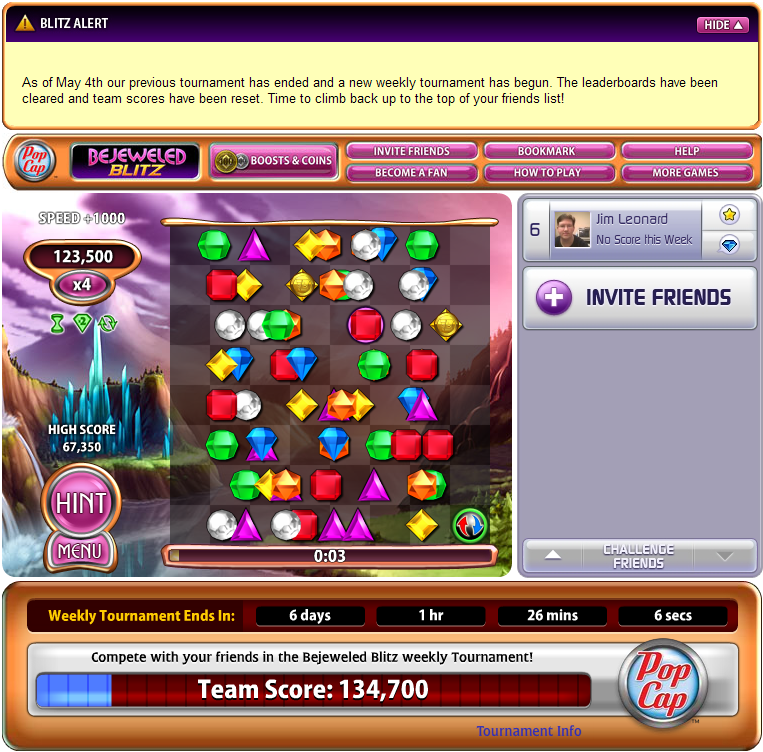 Bejeweled: Blitz (Browser) screenshot: I used my switch powerup to shuffle the board