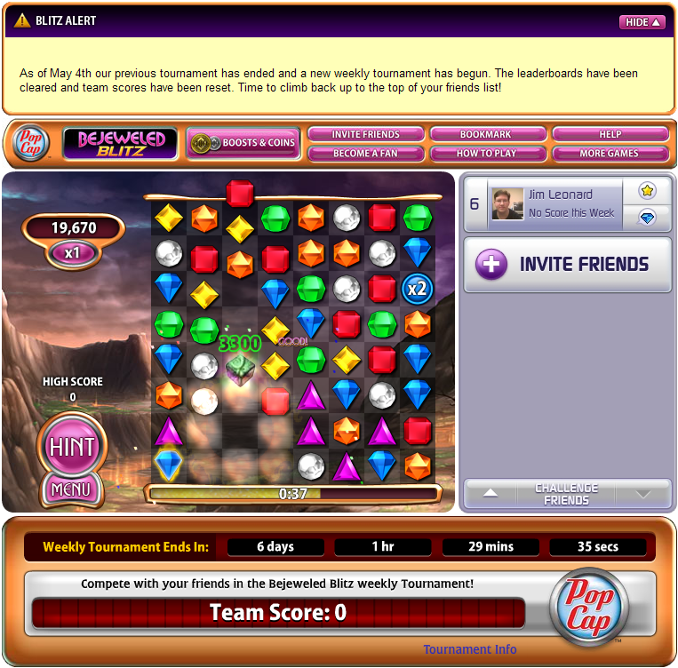 Bejeweled: Blitz (Browser) screenshot: It gave me a grey cube, dragging this to a colour destroys all gems of this color