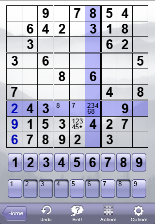 Astraware Sudoku (iPhone) screenshot: Solving a sudoku.