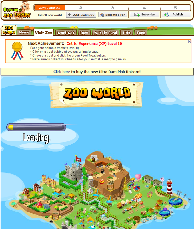 Zoo World (Browser) screenshot: Everytime you go to the Zoo screen the game has to reload anew because parts of the game are in Flash and others in JavaScript