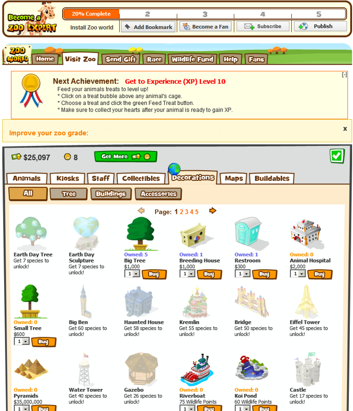 Zoo World (Browser) screenshot: Lots of things to buy
