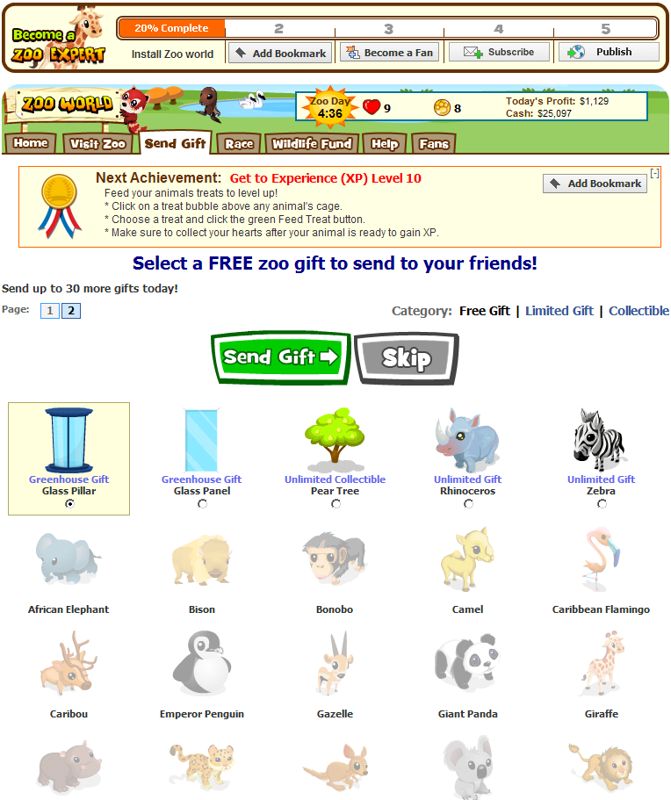 Zoo World (Browser) screenshot: Sending gifts to other players