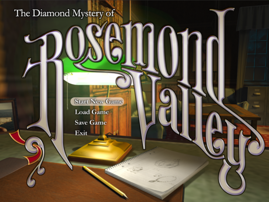 The Diamond Mystery of Rosemond Valley (Windows) screenshot: Title screen and options menu