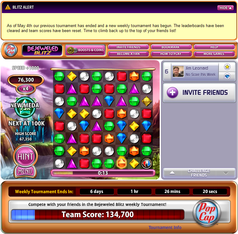 Bejeweled: Blitz (Browser) screenshot: You get a medal for each 25,000 points