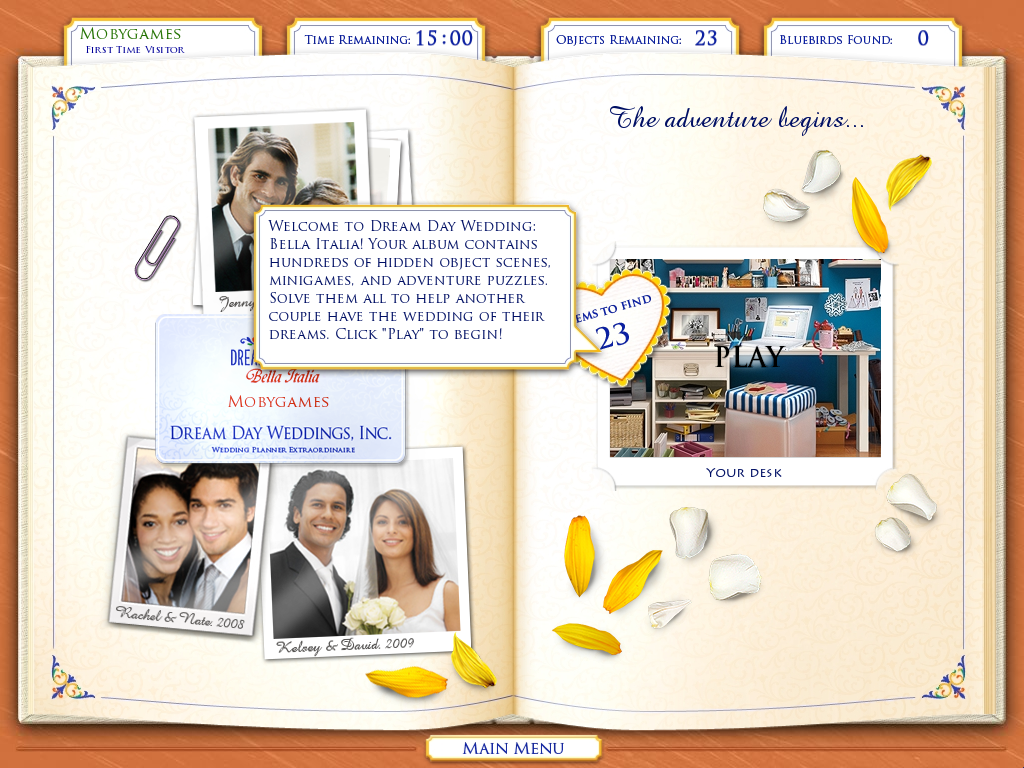 Dream Day Wedding: Bella Italia (Windows) screenshot: Game start