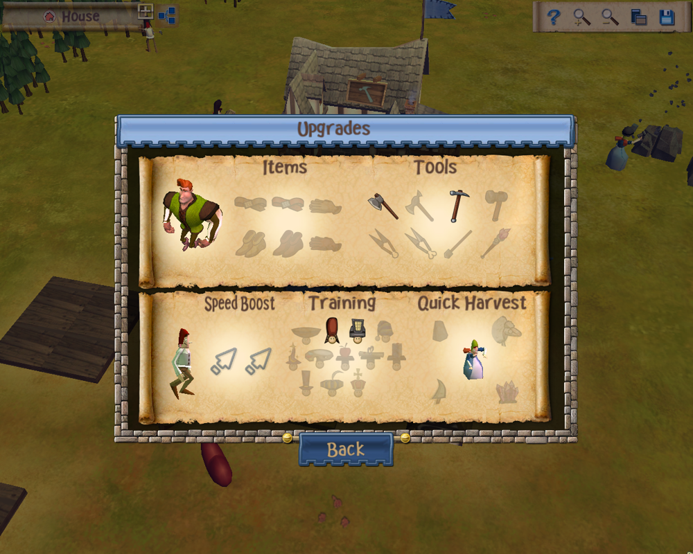 A Kingdom for Keflings (Windows) screenshot: The town square lists all the upgrades received so far.