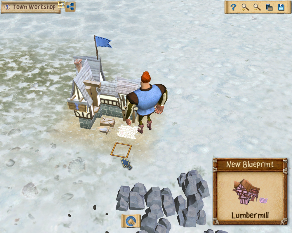 A Kingdom for Keflings (Windows) screenshot: The town workshop is complete, unlocking the lumbermill blueprints.