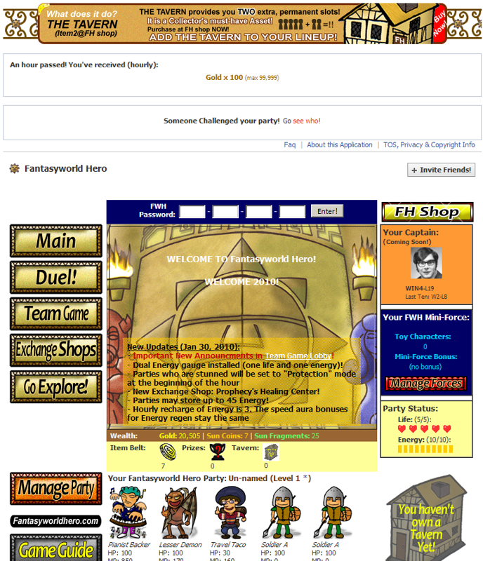 Fantasyworld Hero (Browser) screenshot: Main menu