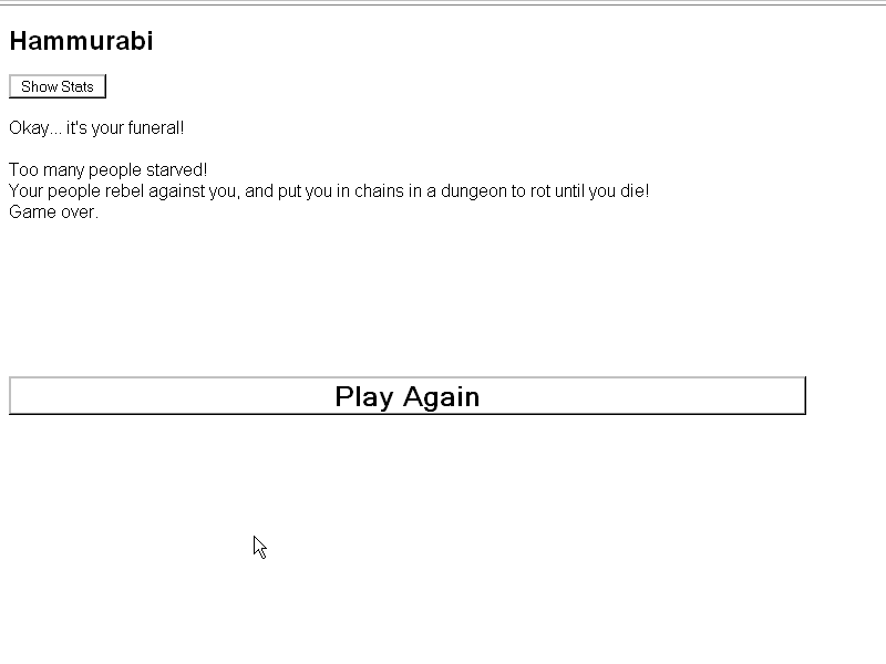 Hamurabi (Browser) screenshot: Game over!