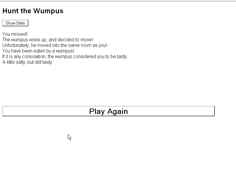 Hunt the Wumpus (Browser) screenshot: Game over!