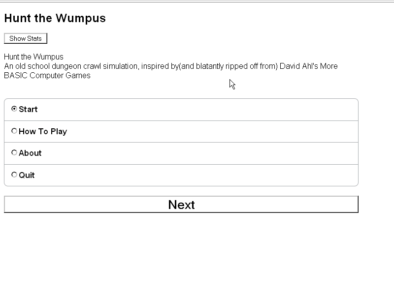 Hunt the Wumpus (Browser) screenshot: Start menu