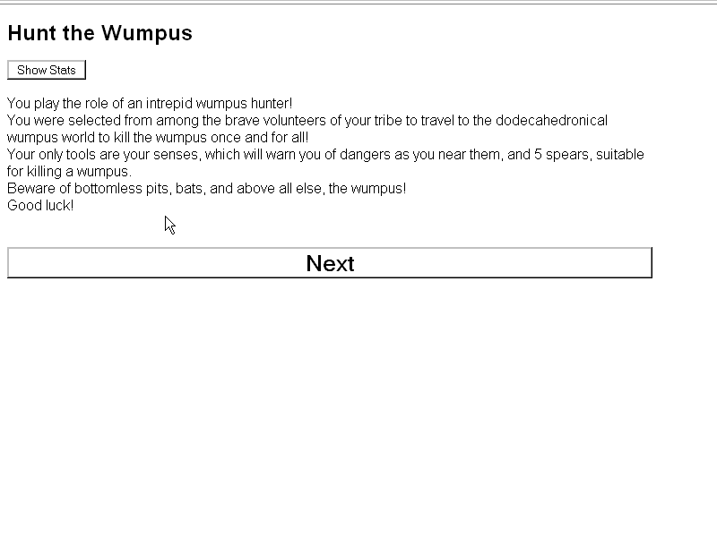 Hunt the Wumpus (Browser) screenshot: Introduction
