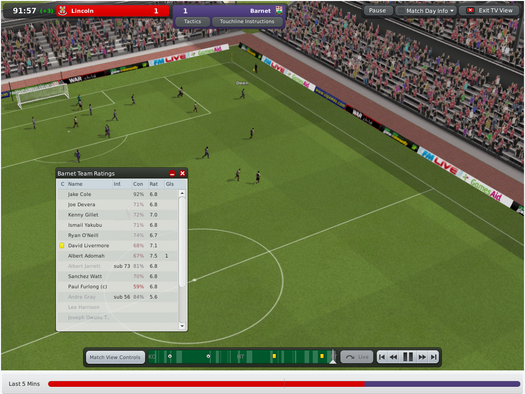 Football Manager 2010 (Windows) screenshot: Player stats in match engine