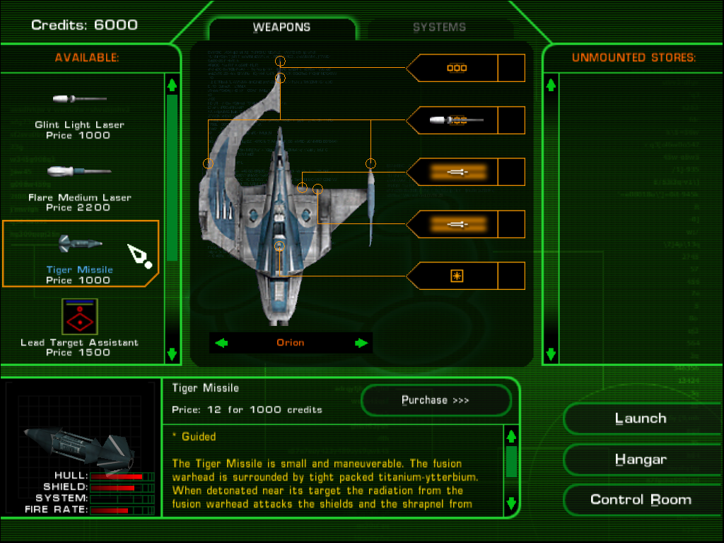 Tachyon: The Fringe (Windows) screenshot: Configuring your Orion