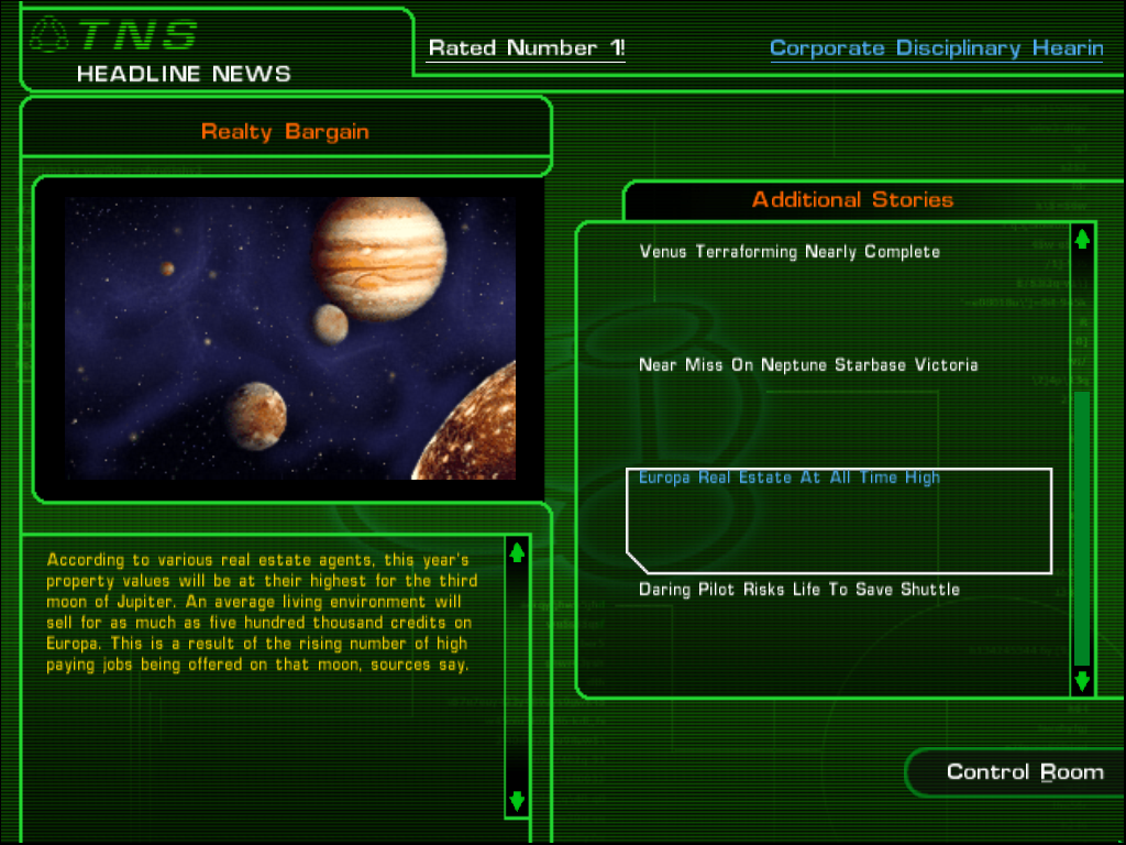 Tachyon: The Fringe (Windows) screenshot: TNS News channel, available at every starbase