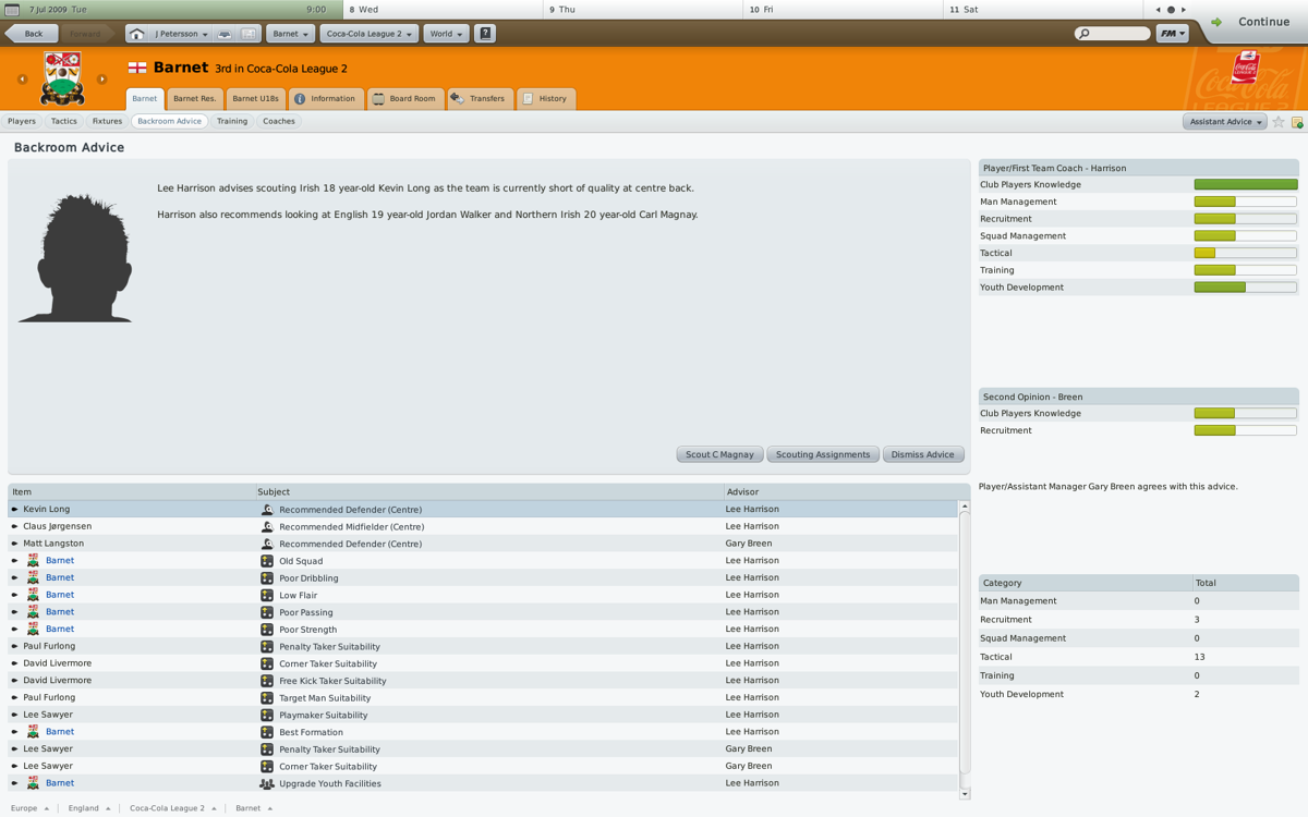 Football Manager 2010 (Windows) screenshot: Backroom advice