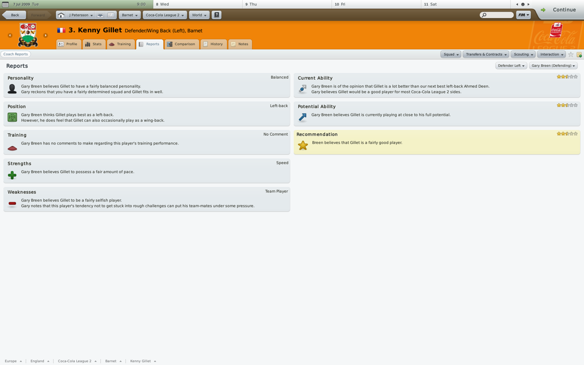 Football Manager 2010 (Windows) screenshot: Coach report on Kenny Gillet