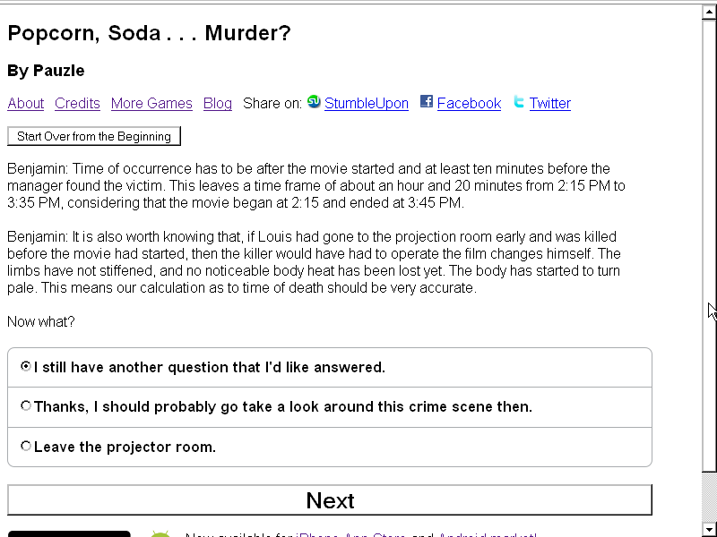 Popcorn, Soda ... Murder? (Browser) screenshot: Just the facts, please