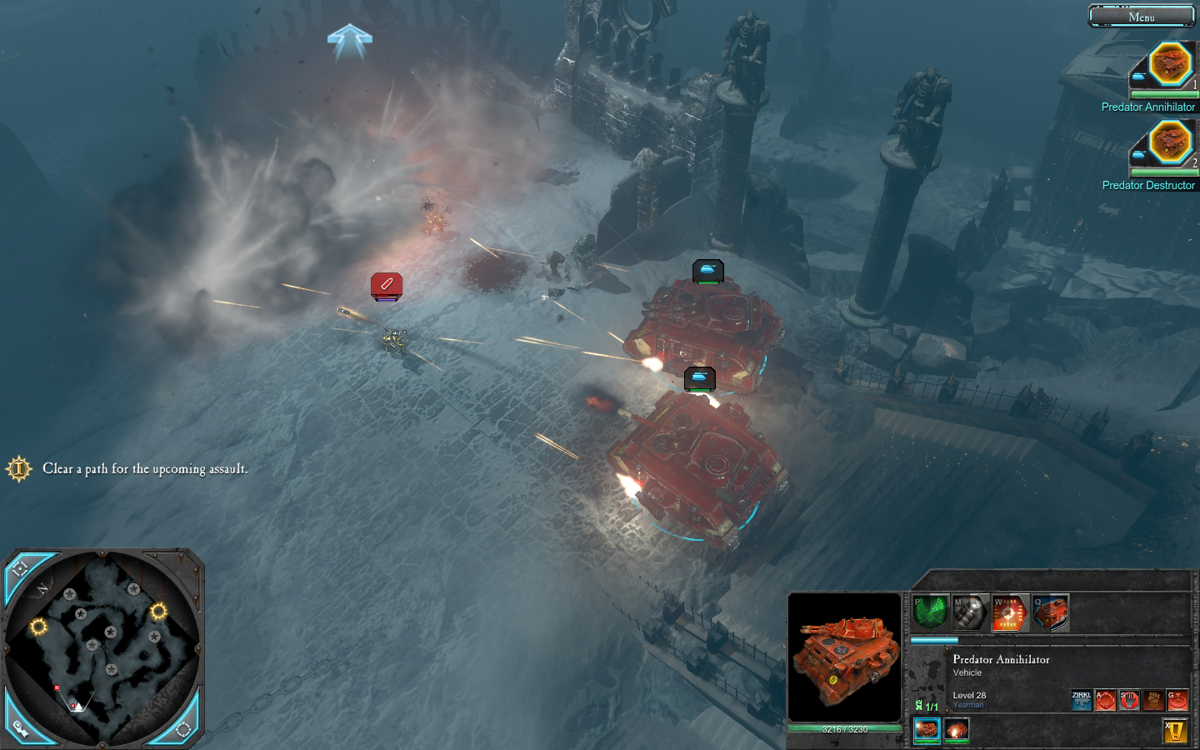 Warhammer 40,000: Dawn of War II - Chaos Rising (Windows) screenshot: Predator Annihilator and Destructor are decimating Chaos forces.