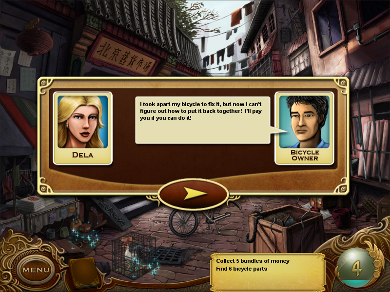 Tiger Eye Part I: Curse of the Riddle Box (Windows) screenshot: Dela talking to the bicycle owner.