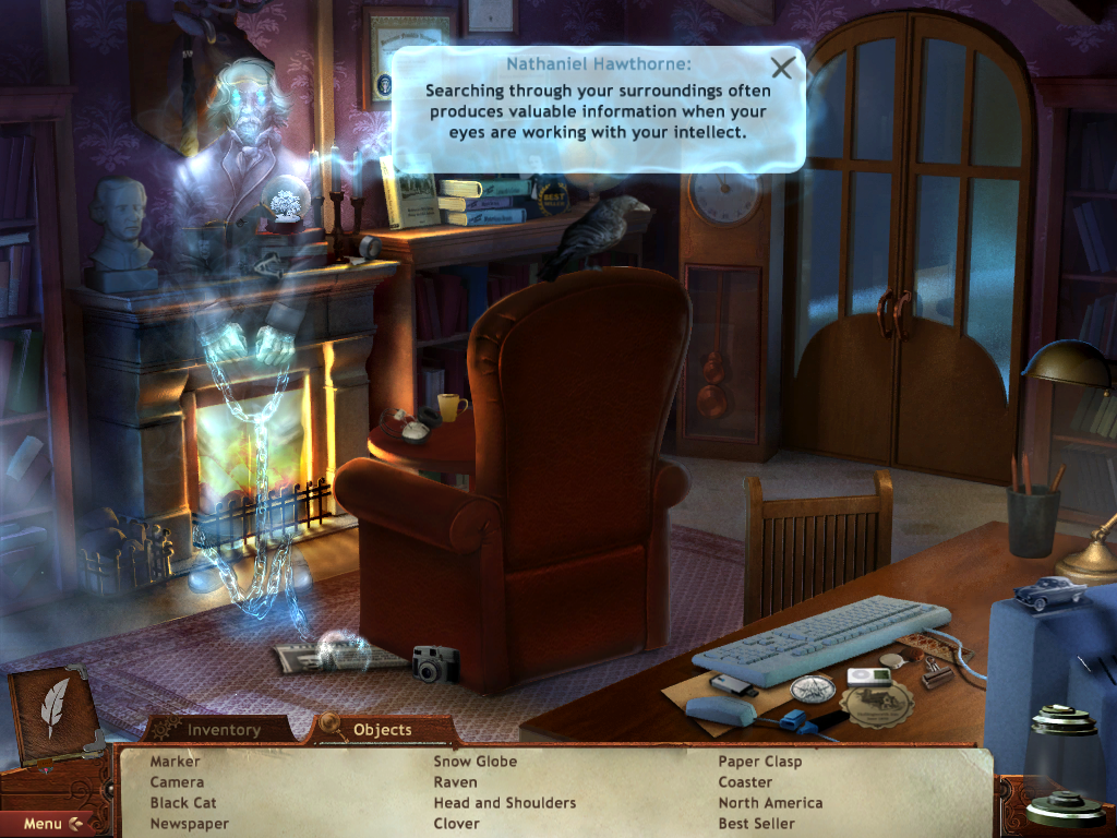 Midnight Mysteries: Salem Witch Trials (Windows) screenshot: <moby developer="Nathaniel Hawthorne">Nathaniel Hawthorne</moby>'s ghost