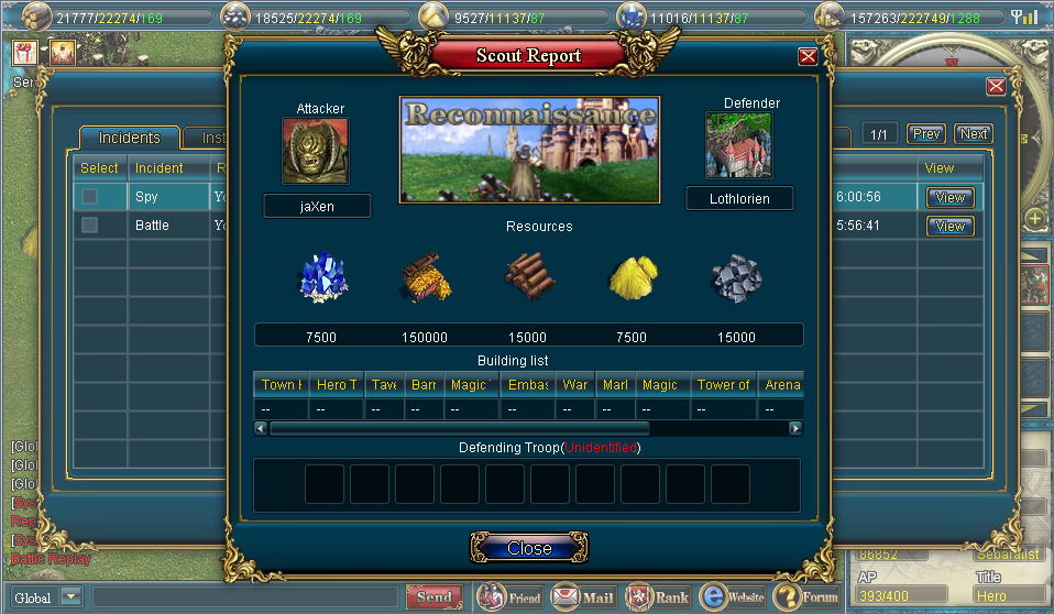 Heroes of Gaia (Browser) screenshot: Scout report of an opponent's castle.