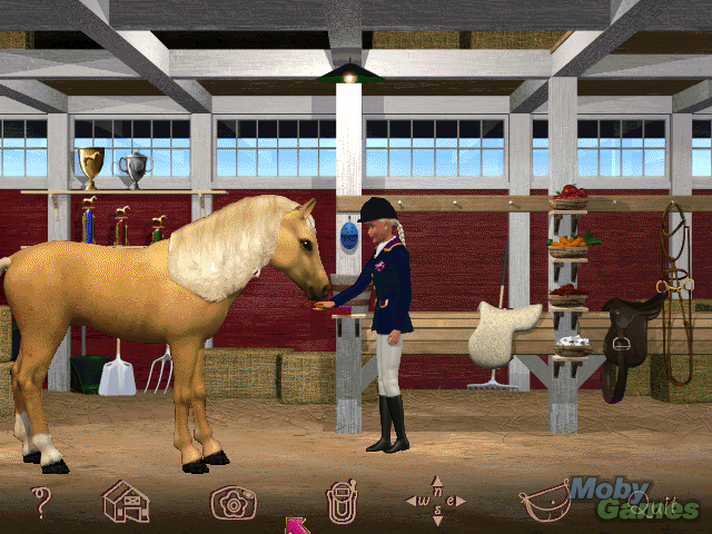 Barbie Adventure: Riding Club (Windows) screenshot: Feeding snacks to the horse in the tack and grooming area