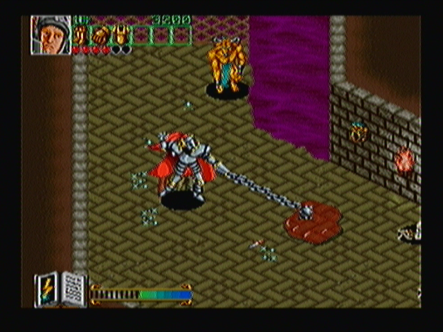 Wizard Fire (Zeebo) screenshot: The knight using his flail. The blue glow that can be seen near it shows that his attack was fully charged.
