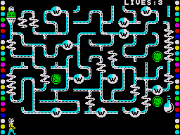 Charlie and the Chocolate Factory (ZX Spectrum) screenshot: Modify the pipes to guide Augustus Gloop to the exit.