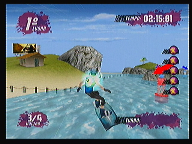 Zeebo Extreme Jetboard (Zeebo) screenshot: At the left you can see in game advertising for <moby game="Zeebo Extreme Baja">Zeebo Extreme Baja</moby>.