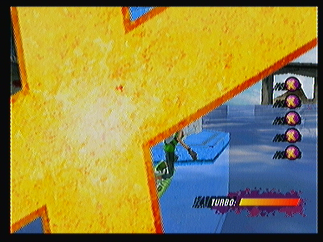 Zeebo Extreme Jetboard (Zeebo) screenshot: Whenever the player crashes and stops, he/she will be respawned. A big yellow "X" crosses the screen while the jetboard is put back on track.
