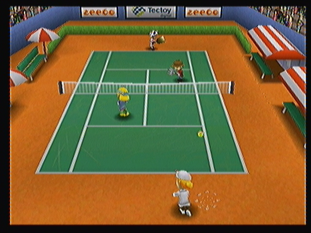 Boomerang Sports Tênis (Zeebo) screenshot: Characters with more than 1000 points earn new rackets. In this case, the man in cow dress (called "o Vaco") uses a cowbell and the farmer uses a rake.