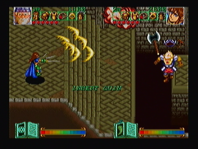 Wizard Fire (Zeebo) screenshot: Two players gameplay shown as demonstration. The arcade game wasn't changed so you still see the "insert coin" message flashing while the game is demonstrated.