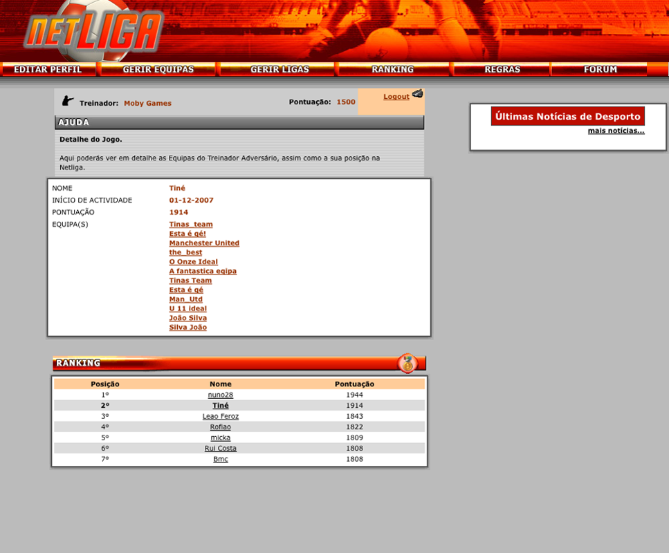 Netliga (Browser) screenshot: Individual manager rankings