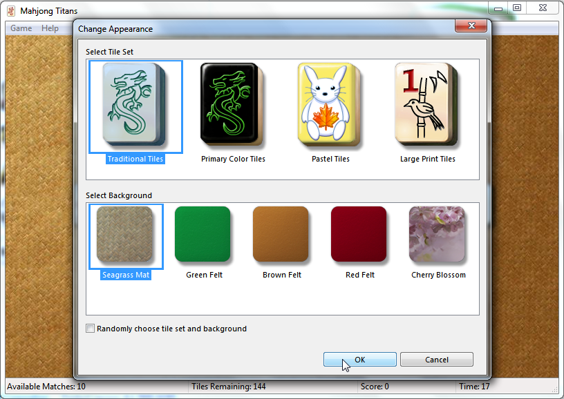 Microsoft Windows 7 (included games) (Windows) screenshot: Change tile sets and backgrounds for your Mahjong Titan games