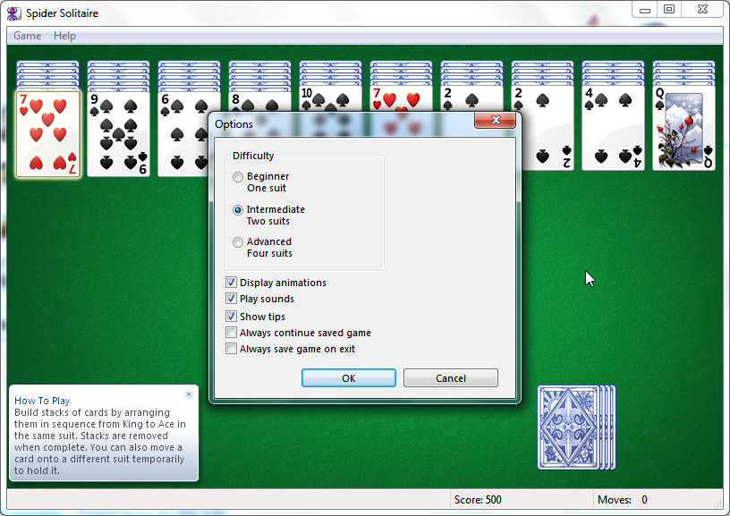 Microsoft Windows 7 (included games) (Windows) screenshot: Options for Spider Solitaire