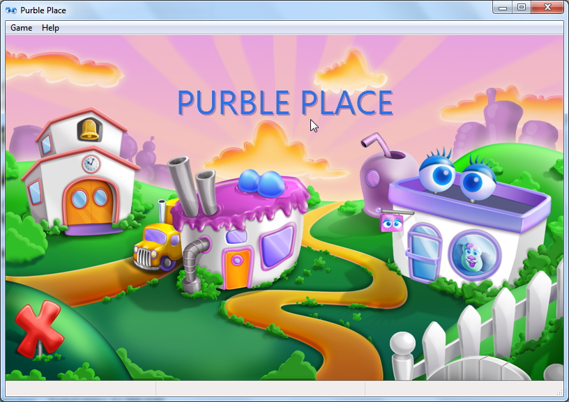 Microsoft Windows 7 (included games) (Windows) screenshot: Opening screen for Purble Place. Click on one of the buildings to start one of 3 games.