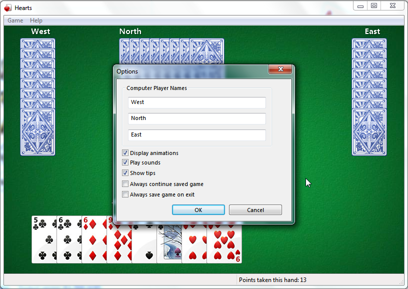 Microsoft Windows 7 (included games) (Windows) screenshot: The options for Hearts