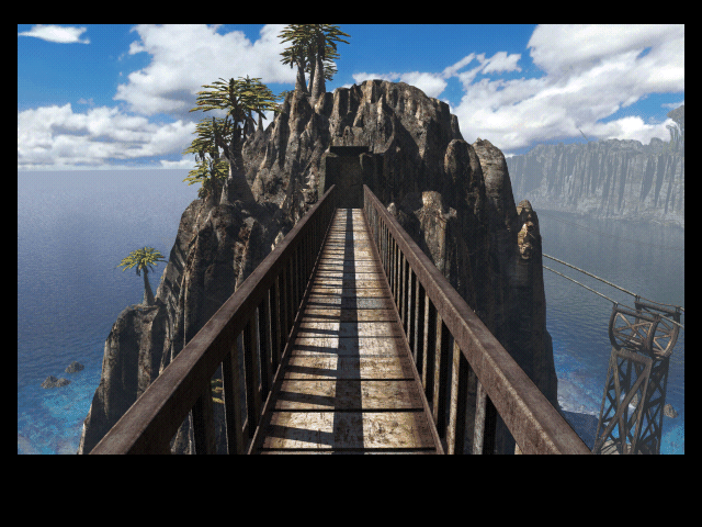 Riven: The Sequel to Myst (Macintosh) screenshot: Crossing the iron foot bridge