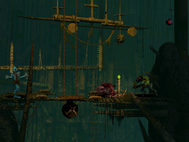 Oddworld: Abe's Oddysee (DOS) screenshot: Yeah, you need to pull that lever. But how can you do it with those ferocious animals guarding it?..