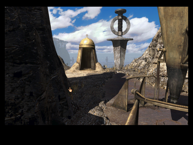 Riven: The Sequel to Myst (Macintosh) screenshot: Strange telescope device and our cage now open when the game started.