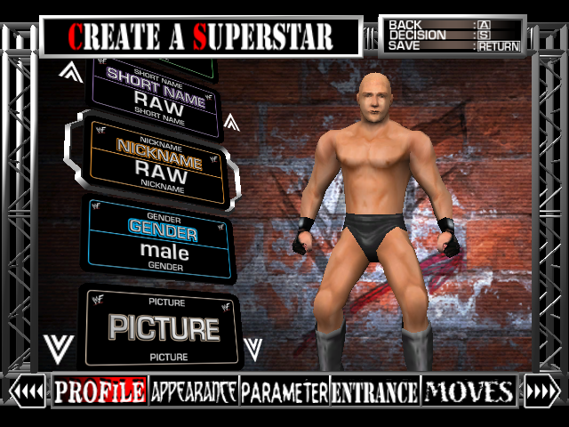 WWF Raw (Windows) screenshot: Create a Superstar screen